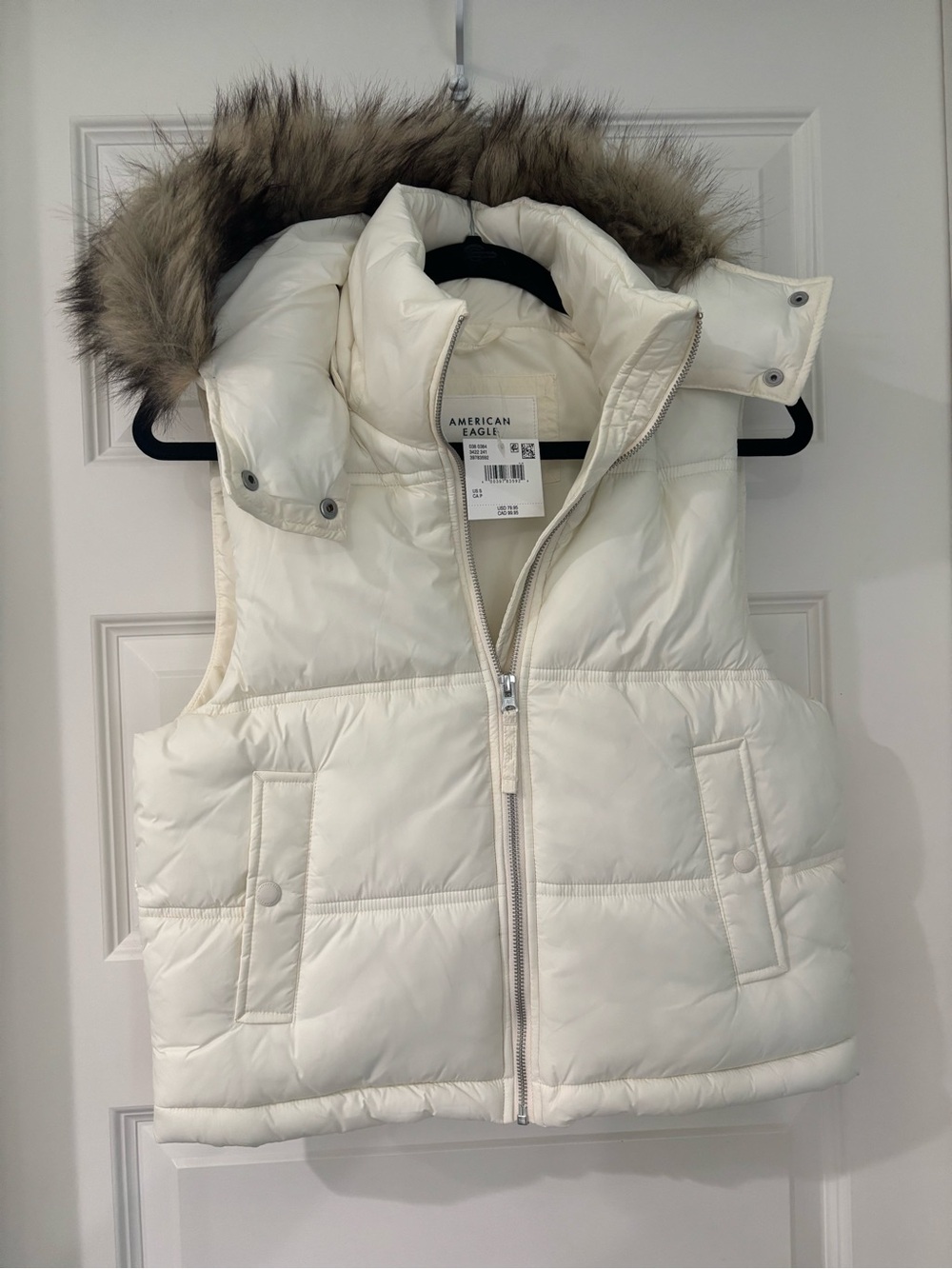 American Eagle Outfitters Cream Puffer Vest with Faux Fur Hood Trim